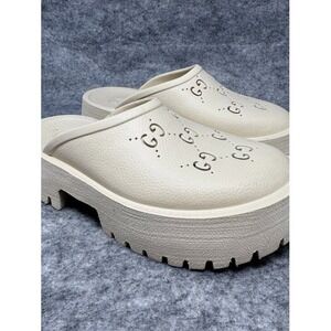 Gucci Elea Perforated GG Monogram Rubber Platform Clogs Sandals 42 US 12 Cream